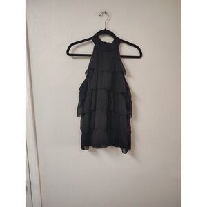 Spense Black Tiered Ruffle Halter Top Sleeveless Chiffon Blouse Womens Large